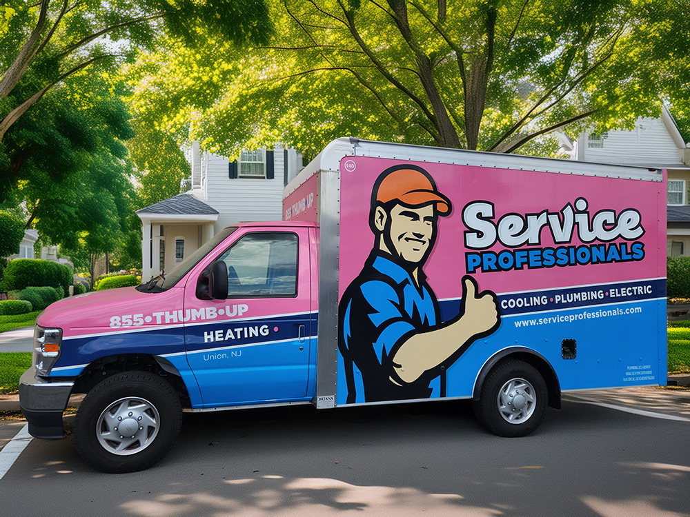 A Service Professionals truck parks on a suburban street, displaying a cartoon man giving a thumbs-up and listing its services.